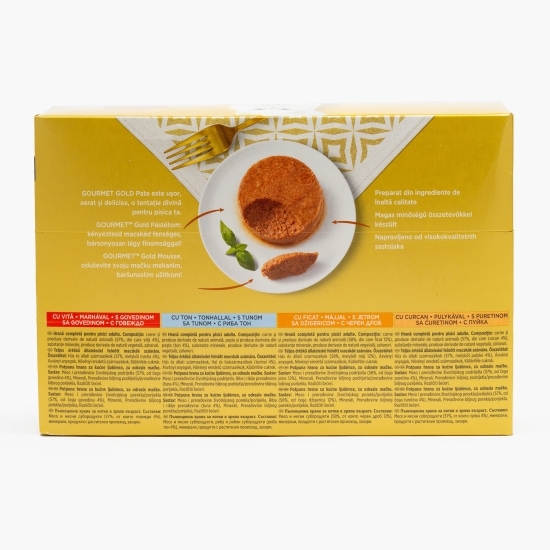 Hrană umedă pentru pisici Pate Mousse Gourmet Gold, 12x85g, mix de arome (ton, curcan, ficat și vită)