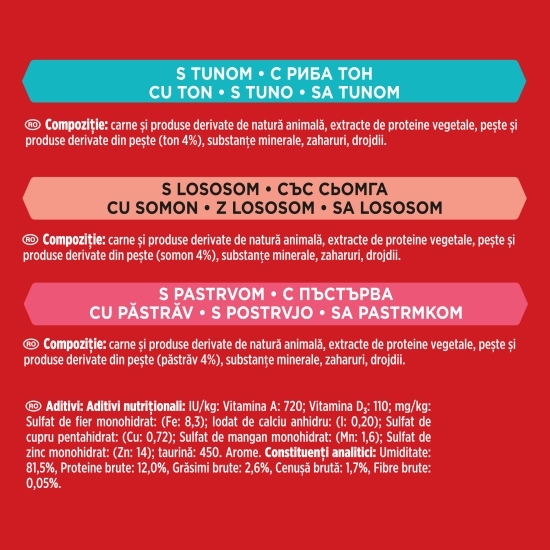 Hrană umedă pentru pisici, 6x50g cu somon, ton, păstrăv în sos