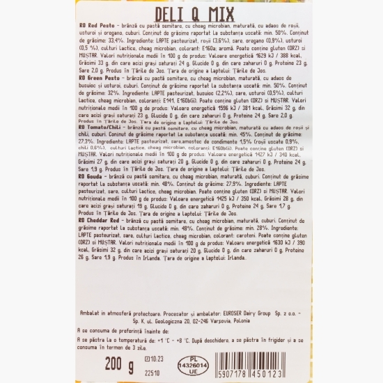 Selecție mix de brânzeturi Gouda, Cheddar roșu, Red și Green Pesto, brânză cu roșii și chili 200g