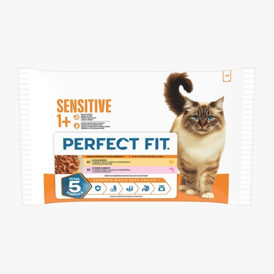 Hrană umedă pentru pisici sensibile adulte 4 x 85g, cu pui și somon în sos