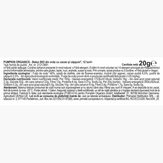 Baton BIO din ovăz cu cacao și căpșuni, +12 luni, 20g