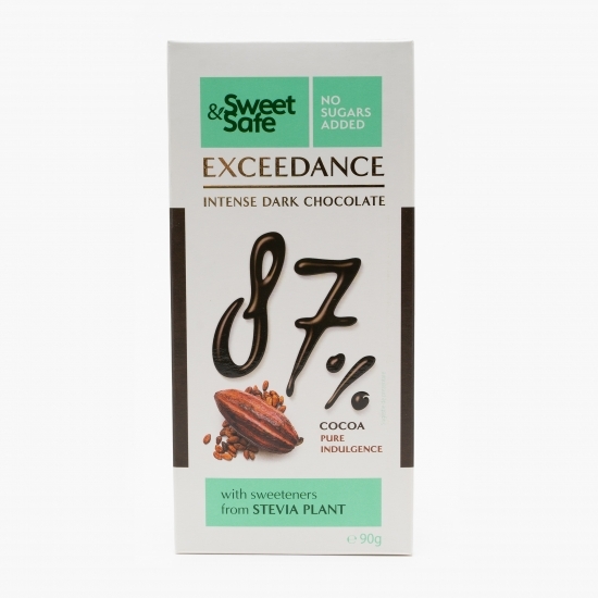 Ciocolată neagră 87% cacao, fără zahăr și îndulcitor stevie 90g