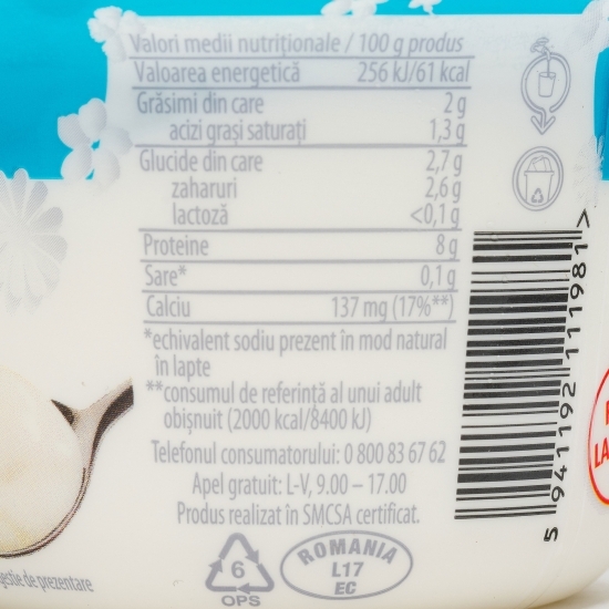 Iaurt natural fără lactoză, 2% grăsime, 150g
