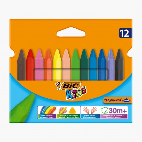 Set 12 creioane cerate plastifiate triunghiulare Kids Plastidecor