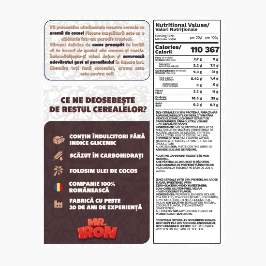 Cereale vegane cu aromă de cocos, cu 35% proteină, fără zahăr, low carb, fără gluten 250g