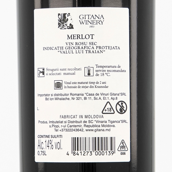 Vin roșu sec Merlot Reserva, 14%, 0.75l