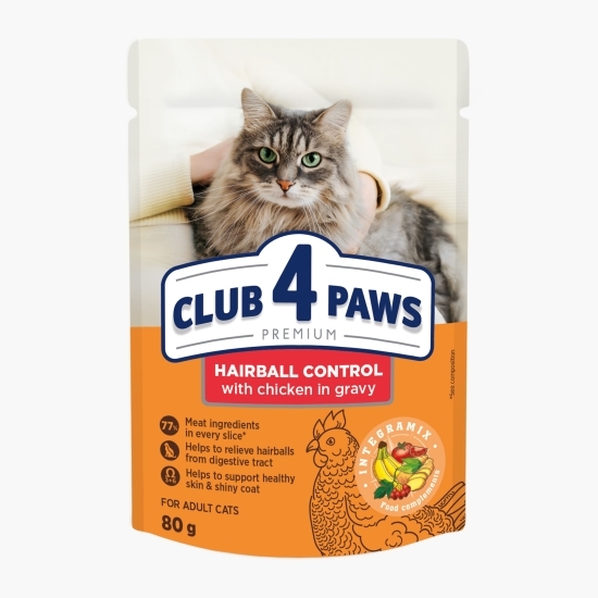 Hrană umedă completă pentru pisici adulte Hairball Control, cu pui în sos, 80g
