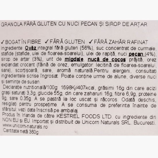Granola cu nuci pecan și sirop de arțar, fără gluten 360g