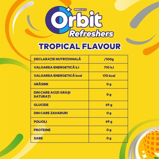 Gumă de mestecat Refreshers Tropical fără zahăr, cu îndulcitori și arome de fructe 30 buc, 67g