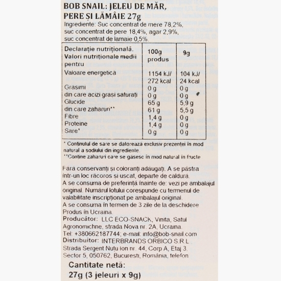 Jeleu natural din mere, pere și lămâie, fără zahăr adăugat 27g