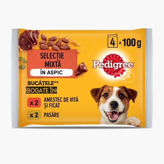 Hrană umedă pentru câini adulți, 4 x 100g, cu vită și pasăre în aspic