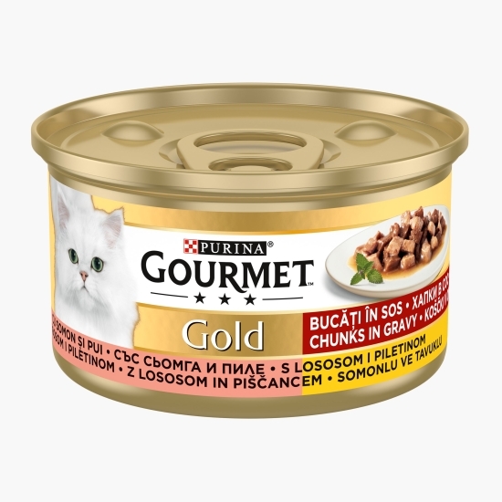Hrană umedă pentru pisici, 85g, Mini fileuri în sos cu pui și somon