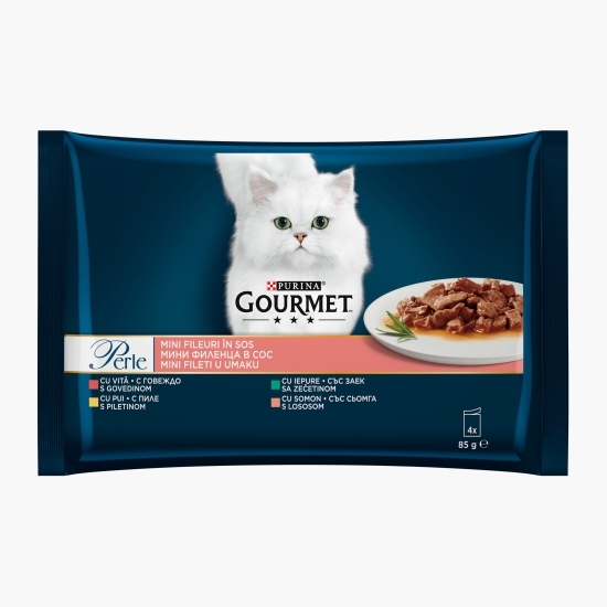 Hrană umedă pentru pisici, 4 x 85g, Perle cu vită/pui/iepure/somon în sos