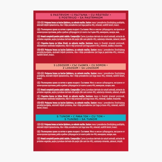 Hrană umedă pentru pisici, 6x50g cu somon, ton, păstrăv în sos