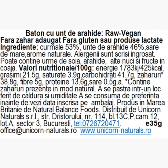 Baton raw vegan cu cremă de arahide, fără gluten, fără zahăr adăugat 35g