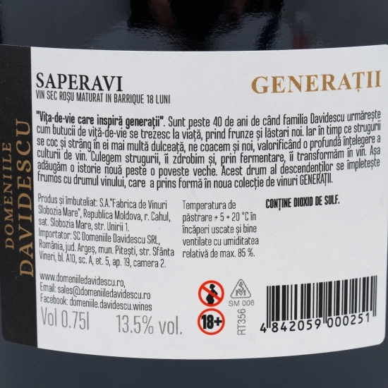 Vin roșu sec Generații Saperavi, 13.5%, 0.75l