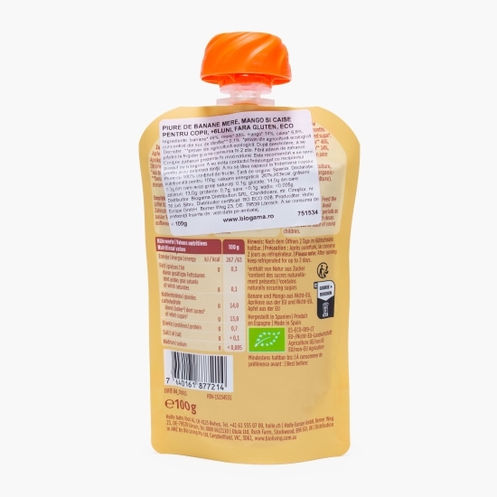 Piure ECO de banane, mere, mango și caise pentru copii, +6 luni, 100g