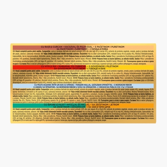 Hrană umedă pentru pisici, 4x85g, Multipack vită + pui, iepure + ficat, pește oceanic în sos cu spanac, rață + curcan