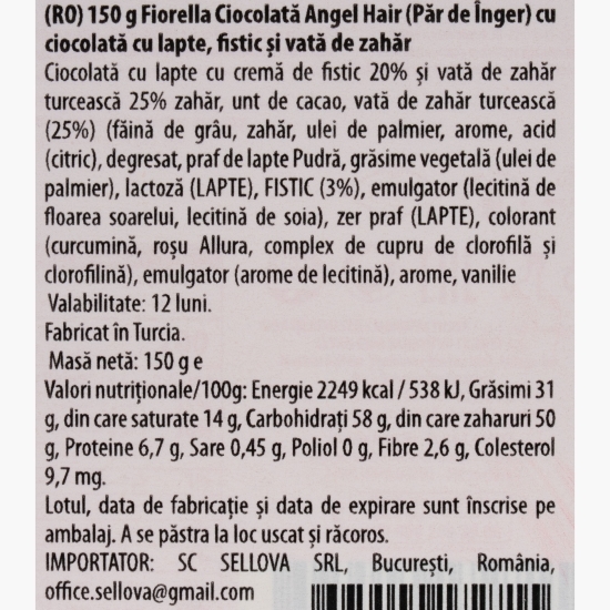 Ciocolată cu fistic și vată de zahăr Angel Hair, 150g