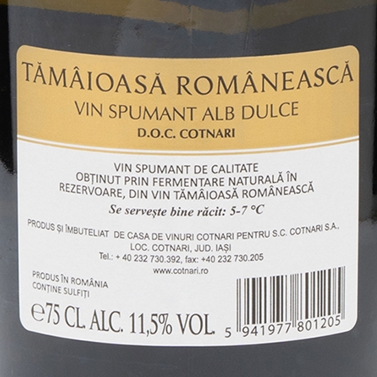Vin spumant alb dulce Tămâioasă Românească, 11.5%, 0.75l