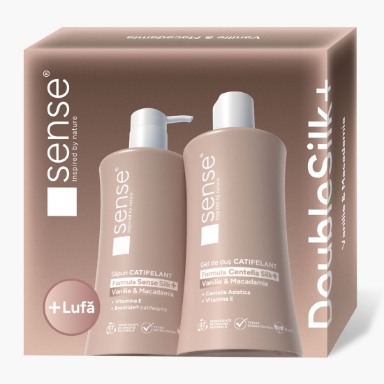 Set cadou Săpun lichid gel 330ml + Gel de duș 330ml Double Silk+, Vanilie & Macadamia