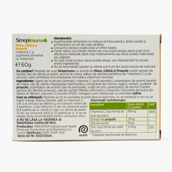 Strepimuno cu miere, cătină și propolis, fără zahăr, 24 pastile