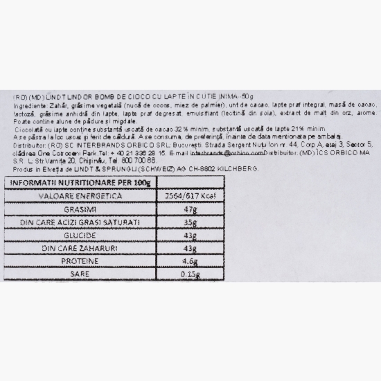Bomboane de ciocolată cu lapte în cutie inimă, 4 buc, 50g