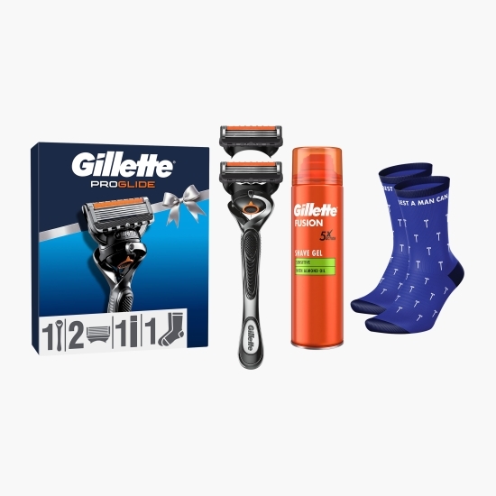 Set cadou ProGlide (aparat de ras + mâner FlexBall și trimmer de precizie + 2 rezerve +  gel de ras Fusion + șosete)