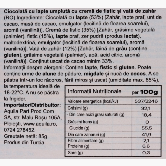 Ciocolată cu lapte, cremă de fistic și vată de zahăr Angel Hair, 85g