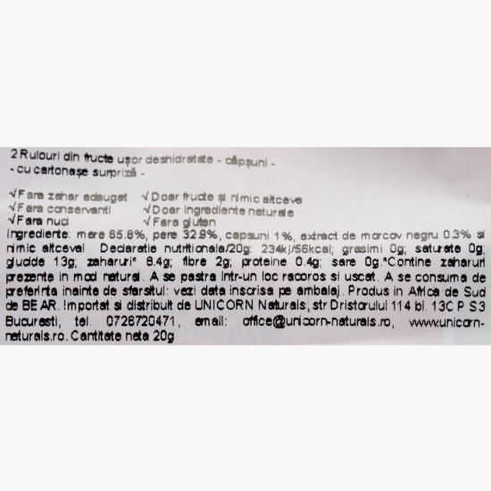 Rulouri căpșuni yoyo, fără zahăr adăugat 20g