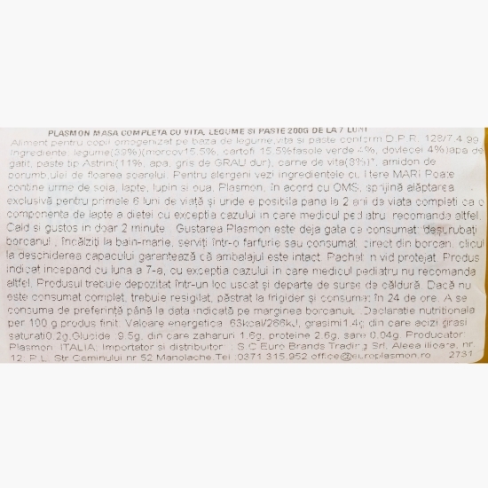 Masă completă cu vită, legume și paste, +7 luni, 200g