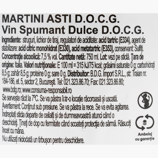 Vin spumant dulce Asti D.O.C.G., 7.5%, 750ml