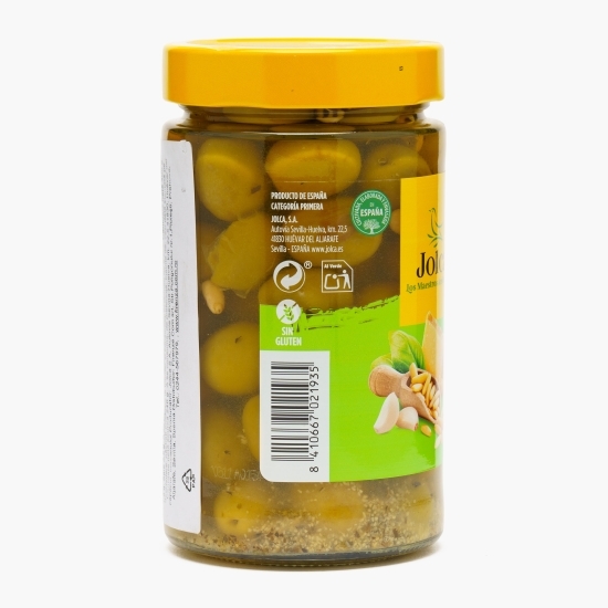 Măsline verzi Manzilla Fina cu sâmburi, cu sos pesto, usturoi, busuioc, brânză și semințe de pin 400g