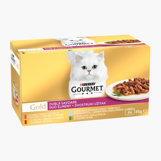 Hrană umedă pentru pisici, 4x85g, Multipack vită + pui, iepure + ficat, pește oceanic în sos cu spanac, rață + curcan