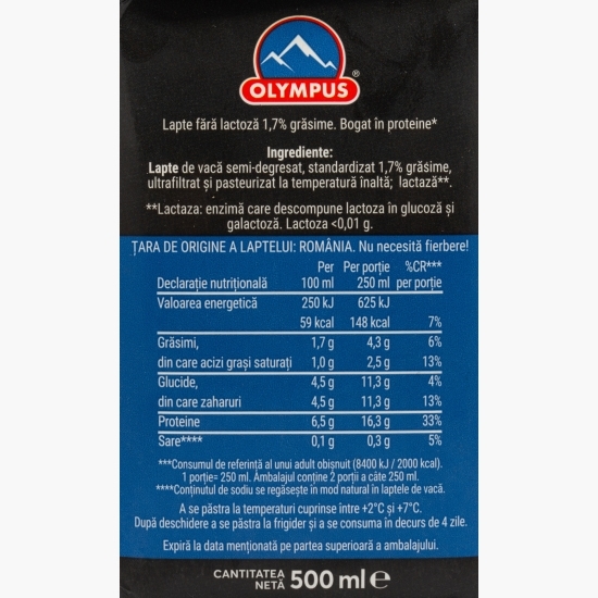Lapte high protein, fără lactoză, 1.7% grăsime, 0.5l