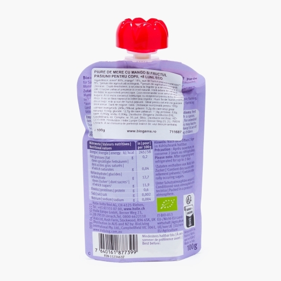 Piure ECO de mere cu mango și fructul pasiunii pentru copii, +8 luni, 100g