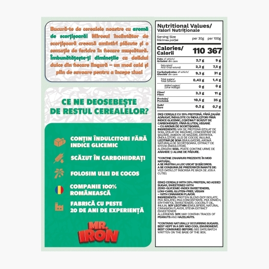 Cereale vegane cu scorțișoară, cu 35% proteină, fără zahăr, low carb, fără gluten 250g