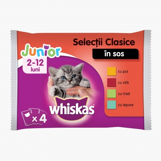 Hrană umedă pentru pisici junior, 4x100g, Selecții clasice în sos de carne
