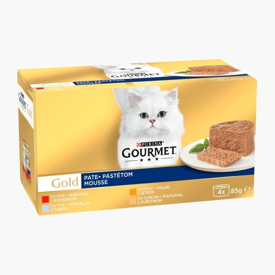 Hrană umedă pentru pisici, 4x85g, Multipack Mousse vită, ton, ficat și curcan