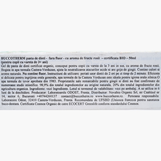 Pastă de dinți pentru copii fără fluor cu aromă de fructe de pădure roșii, bio 50ml