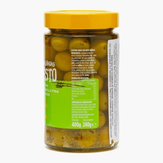 Măsline verzi Manzilla Fina cu sâmburi, cu sos pesto, usturoi, busuioc, brânză și semințe de pin 400g