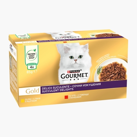 Hrană umedă pentru pisici Gold Delicii Suculente, 4x85g, mix de arome (pui și vită)