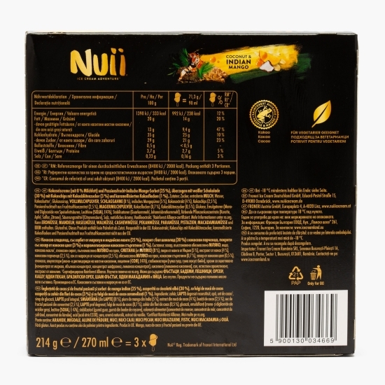Înghețată de cocos, fructul pasiunii și sorbet de mango indian, 3x71.3g