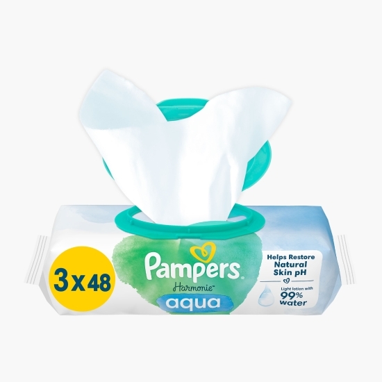 Șervețele umede Harmonie Aqua, 3 pachete x 48, 144 buc, 0% plastic