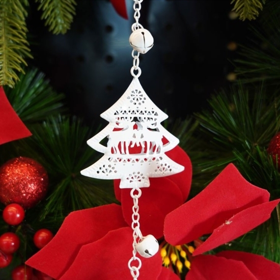 Ornament de brad Trei pomi de Crăciun, alb, metal, 30 cm