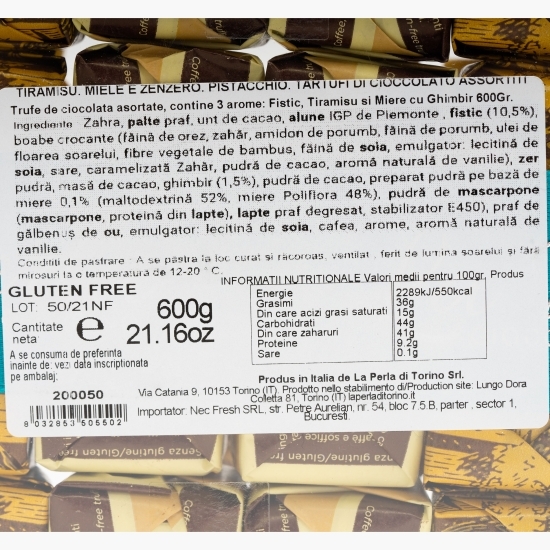 Trufe de ciocolată asortate (arome fistic, tiramisu, miere cu ghimbir) 600g