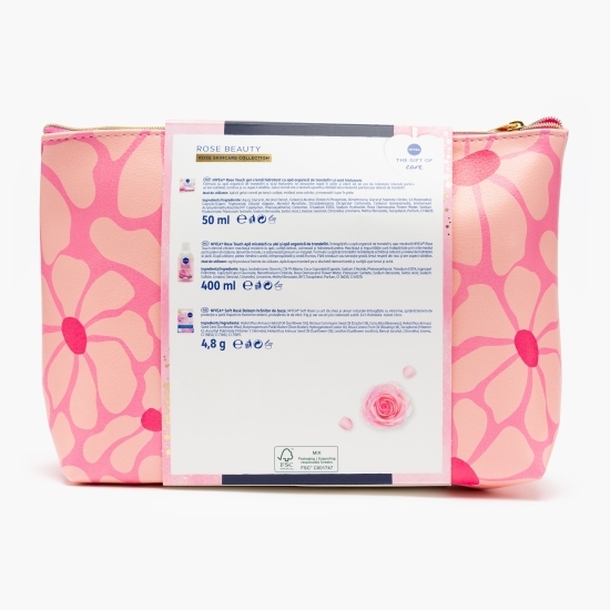 Set cadou Rose Care: Gel-cremă cu apă de trandafiri 50ml + Apă micelară cu apă de trandafiri 400ml + Balsam de buze Soft Rose 4.8m + geantă cadou