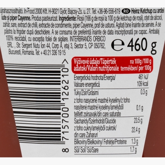 Ketchup picant cu ardei iute și piper Cayenne Fiery Hot 460g