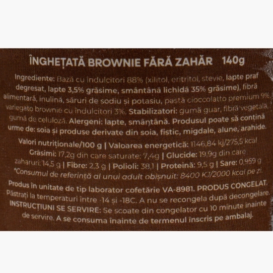 Înghețată artizanală cu aromă de brownie, fără zahăr, 140g