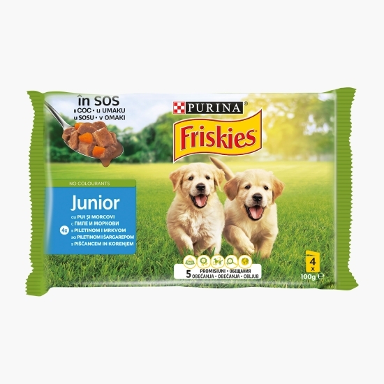 Hrană umedă pentru câini junior, 4 x 100g, cu pui și morcovi în sos